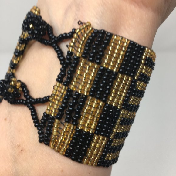Art Deco Inspired Gold Black Wide Loom Woven Seed Bead Cuff Bracelet - Picture 6 of 16